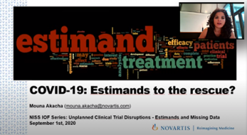 Mouna Akacha, (Novartis) begins a talk that focuses on Estimands.