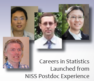 From left to right, Matthias Schonlau (NISS postdoc 1997-1999), Xingdong Feng (NISS Postdoc 2009-2011), George Luta (NISS Postdoc  2006-2009), and Yingchun (Jasmine) Zhou (NISS Postdoc 2007-2009).